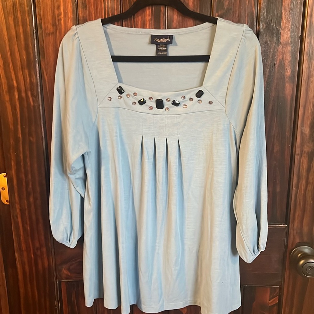 New Addition maternity blue 3/4 length sleeve blouse. Size Large